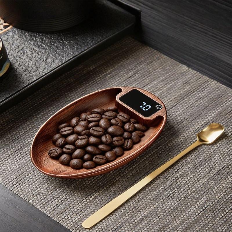 JUSTINLAU 0.1g High-precision Coffee Scale Electronic Coffee Weigh Scale with Bean Tray Walnut Wood Grain Mini Coffee Bean Scale