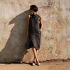 Women's Linen Blend Sleeveless Stand Collar Midi Dress with Button Detail and Pockets