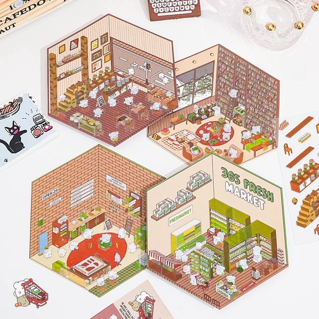 3D Landscaping Stickers Cartoon Miniature Scene DIY Cabin Scene Stacking And Pasting Hand Account Stationery Gift For Kid Child