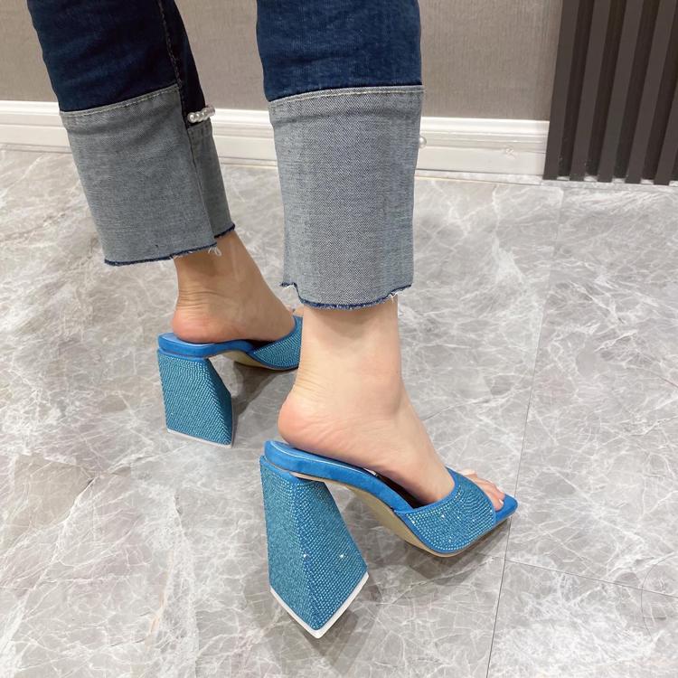 Fashion Women High Heels Slippers  New Summer Rhinestones Triangle Thick Heel Slippers Sexy Square Toes Woman Dress Party Shoes