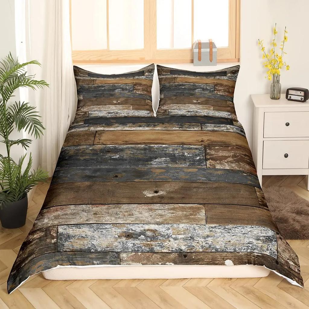3D Modern Retro Wood Duvet Cover Lovely Pattern Polyester Quilt Cover Pillowcases For Kids Adults Bedroom Decor King Queen Size