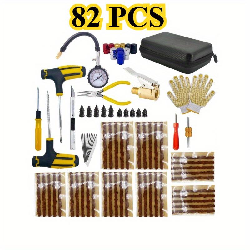 Multipurpose Tire Repair Kit with Rubber Strips Tools Pliers Pressure Gauge for Car, Bike, Motorcycle. Handles Most Tire Damage