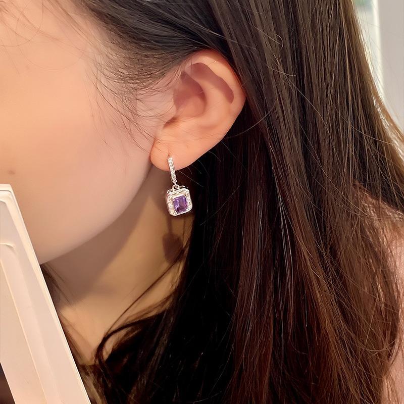 Natural Crystal Square Ear Buckle S925 Sterling Silver Premium Earrings Women Fine Jewelry Gift