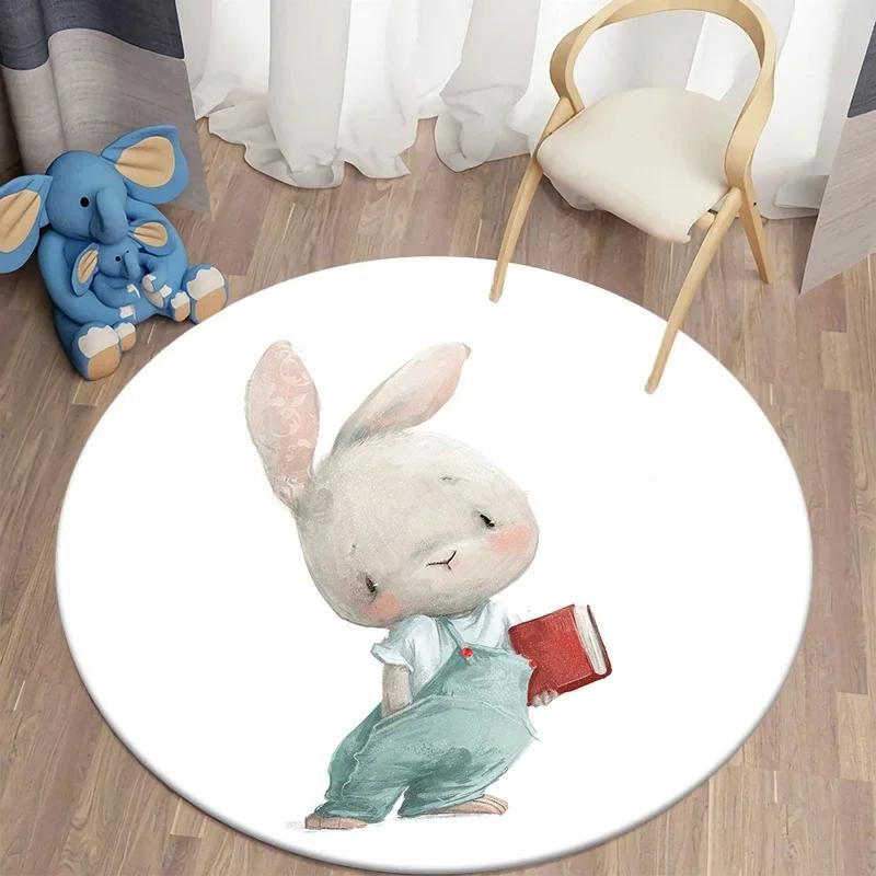 Cartoon Bunny Print Round Carpet Rabbit Area Rugs Circle Carpets for Living Room Floor Mat Polyester Anti-Slip Mats for Children
