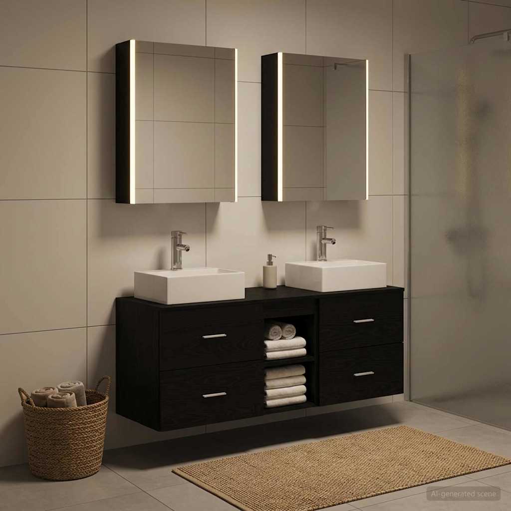5 Piece Bathroom Furniture Set Black Oak Engineered Wood and Glass
