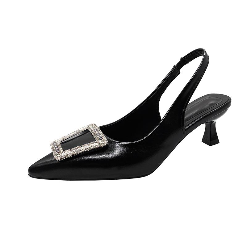 

Luxury Rhinestone Square Buckle Gold Stilettos Baotou Sandals 23 New Spring and Summer Silver Pointed Temperament Women Sandals 41 чорний