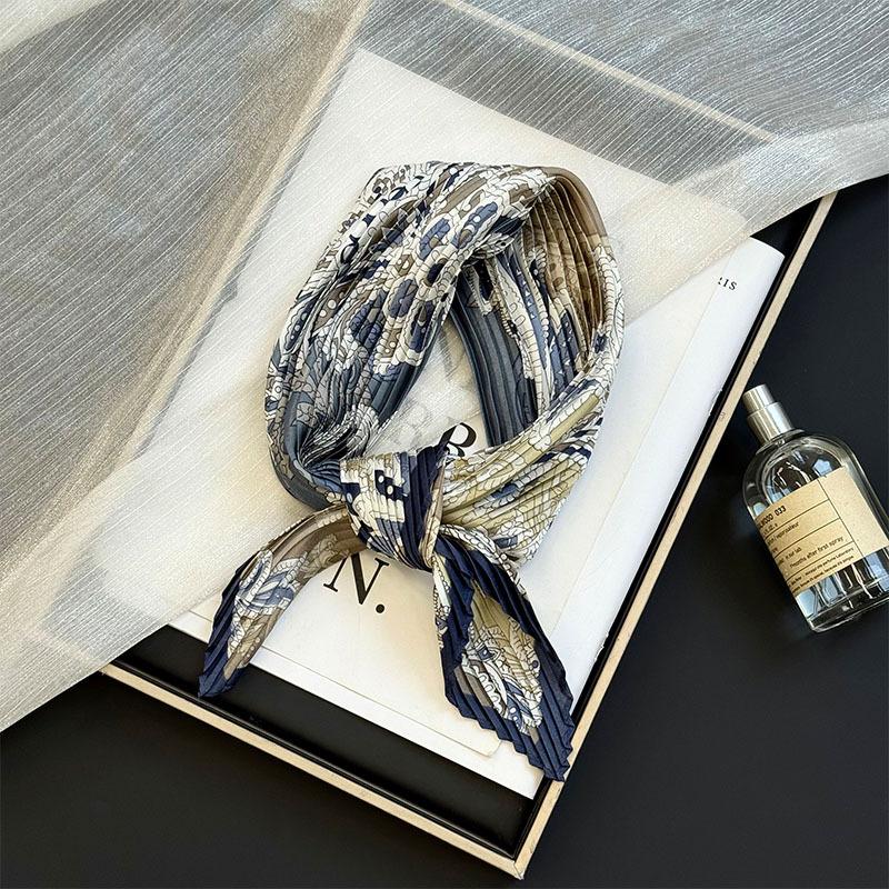 Wrinkled square scarf women's new imitation silk printing silk scarf high-end headscarf headband pleated small scarf shawl