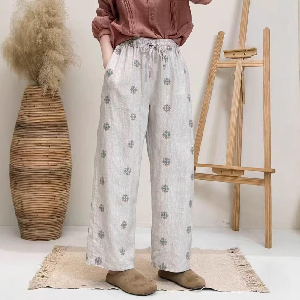 

2025 лето новые повседневные брюки женские на кулиске эластичная талия свободные и тонкие ретро с принтом хлопок и лен прямые брюки M льняной