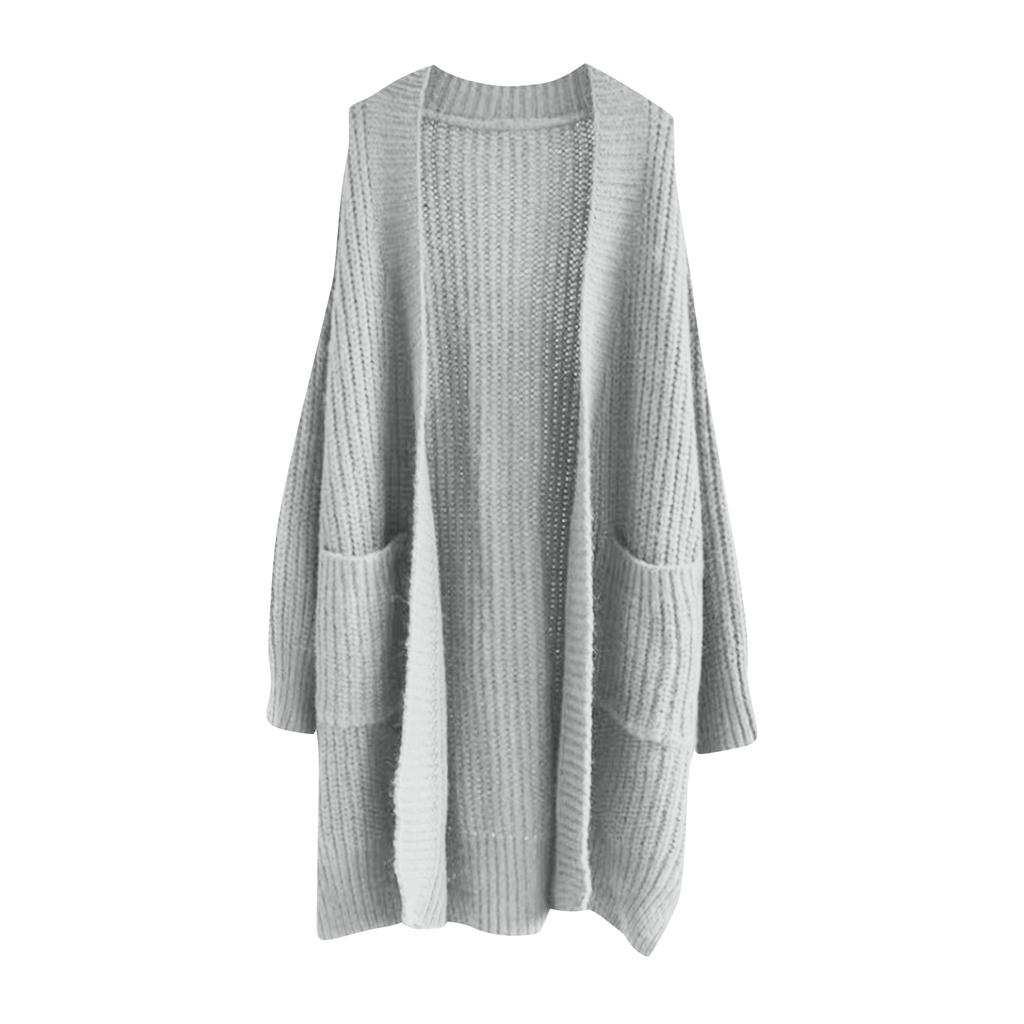 Women's Solid Color Long Sleeved Knee Length Knitted Cardigan, Lazy Trend, Medium Long Hair Jacket