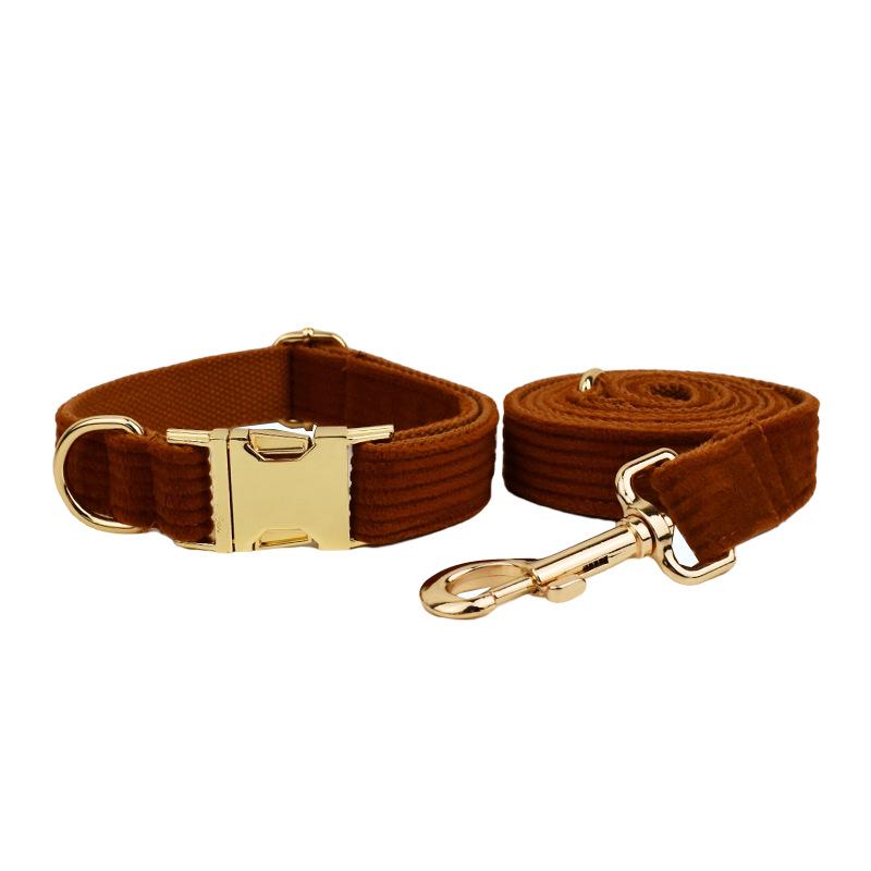 Chocolate Corduroy Dog Collar and Leash Set for Outdoor Use