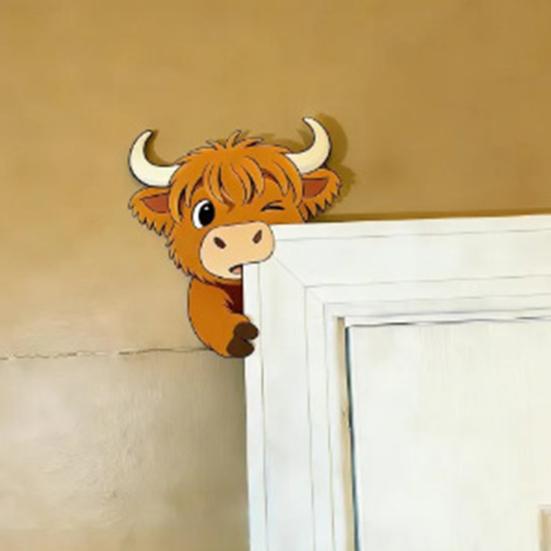 Cute Highland Cow Door Topper Small Wooden Door Frame Corner Sign Cartoon Cattle Computer Monitor Decor for Living Room Bedroom Office
