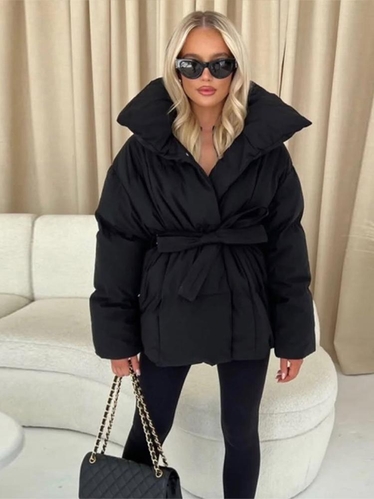 Women's Stand Up Collar Hooded Long Sleeved Zipper Glossy Thick Jacket for Winter