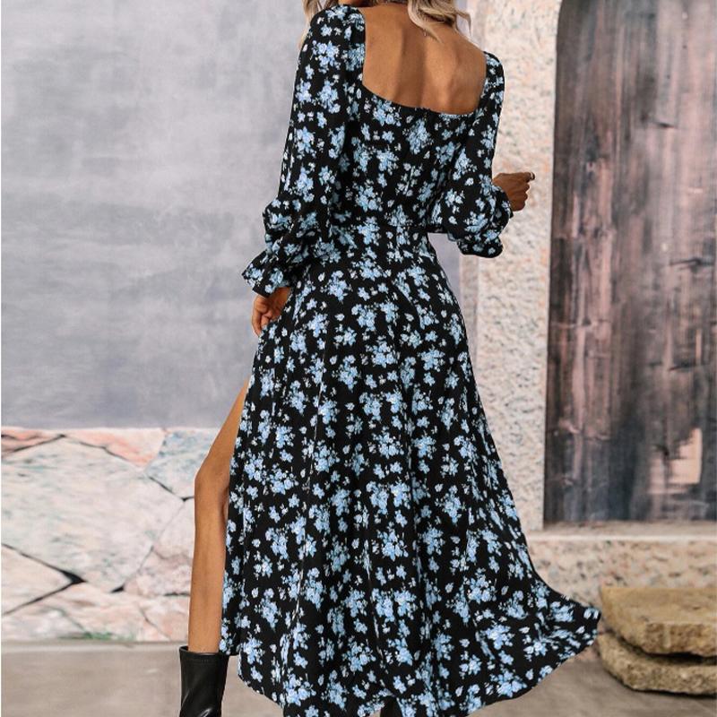 Floral Square Neck Dress - Long Sleeve Slit Hem Maxi