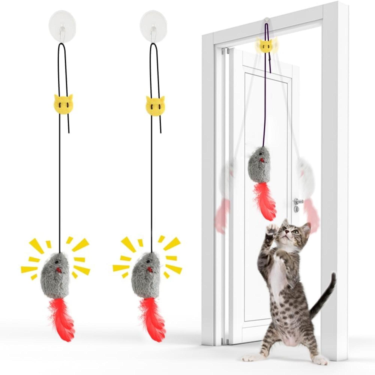 Cat Toys for Indoor Cats Adult & Kitten, Interactive Cat Toy Hanging Mouse with Squeak Sound & Feather Tail, Self Play Kitten Toys for Door 2-Pack