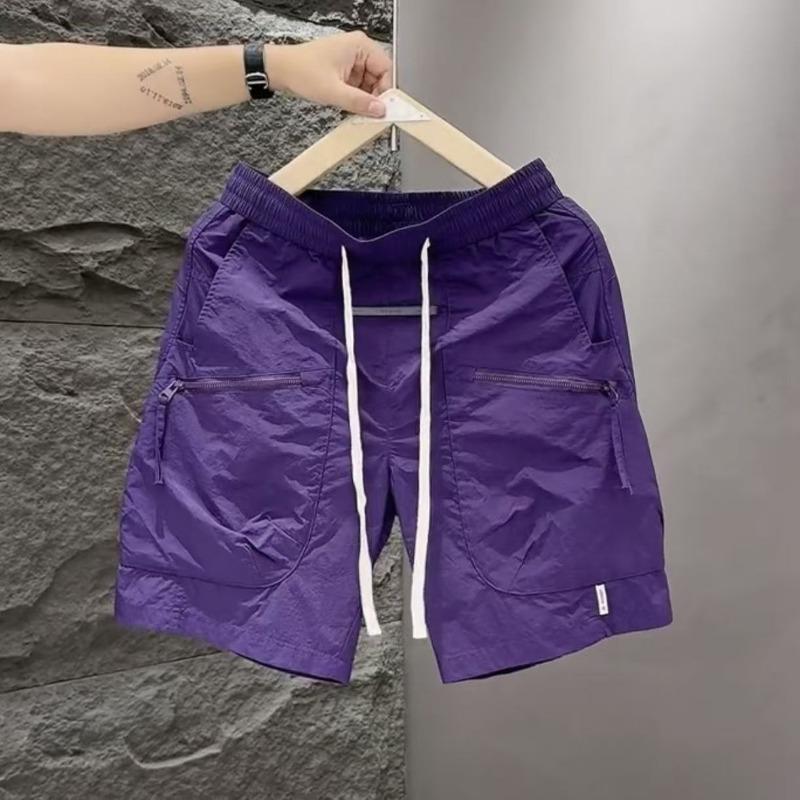 Men Casual Cargo Shorts Elastic Waist Drawstring Zipper Pocket Solid Color Outdoor Quick Dry Shorts
