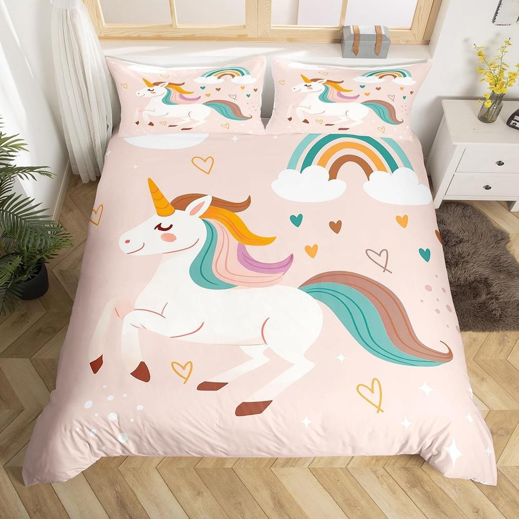 Comforter Girls Unicorn Full King Queen Size Microfiber Eyelashes Floral Comforter 3D Cartoon Bedding Set For Kids Teen
