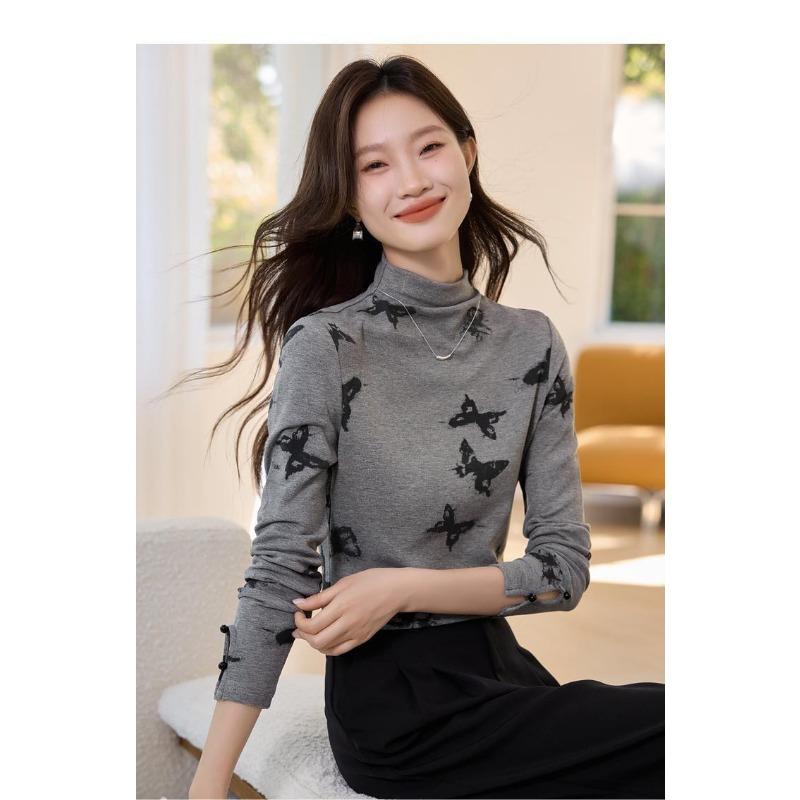 Versatile and Trendy Turtleneck Butterfly Stylish Printed Knitted T-shirt Plus Velvet Bottoming Shirt