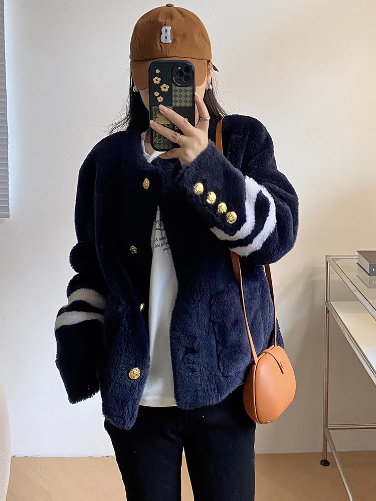 Женская осенне-зимняя полосатая теплая шерстяная куртка с длинными рукавами модная однобортная куртка с круглым вырезом и двойным карманом S тёмно-синий 12377₽