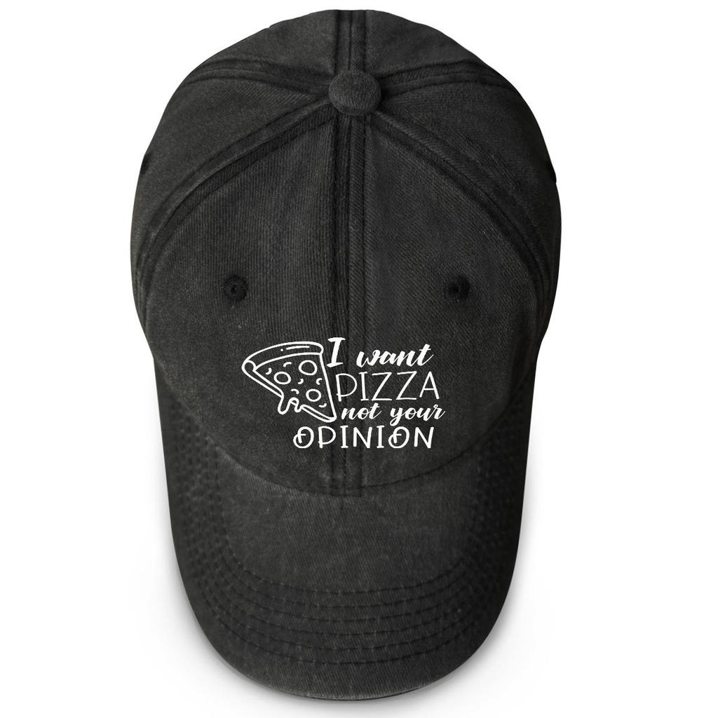 I want pizza not your opinion" Print Snapback Sun Hat, Trucker Hat Sun Protective Sporting Headwear Distressed Adjustable Baseball Hat