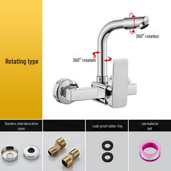 All-Copper Wall-Mounted Double-Hole Faucet for Kitchen and Balcony Sinks with Hot/Cold Mixer