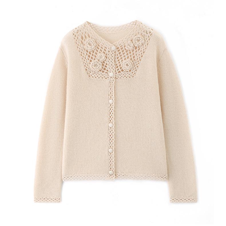 Women's Handmade 100% Mercerized Wool Cardigan - Round Neck Hollow Out Design for Autumn/Winter