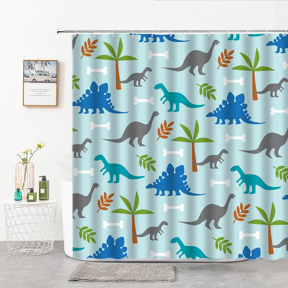 Cartoon Dinosaur Shower Curtain Fabric Hooks Children's Room Decoration Cloth Toilet Bath Curtain Home Background Wall Covering