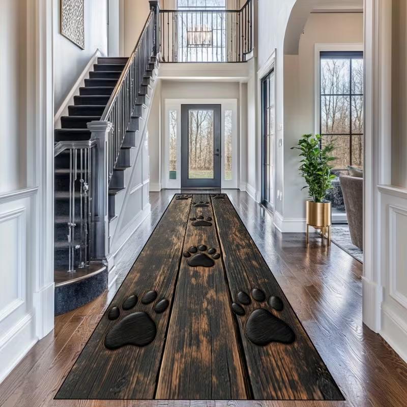 Faux Wood Grain Paw Print Runner Carpet, Realistic Dog Tracks on Deep Brown Rug, Pet-Loving Floor Mat for Hallway & Entryway