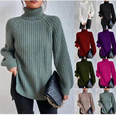 2024 Autumn and Winter New High Neck Knit Sweater In the Long Shoulder Sleeve High Lapel Open Fork Soft and Comfortable Women's Clothing