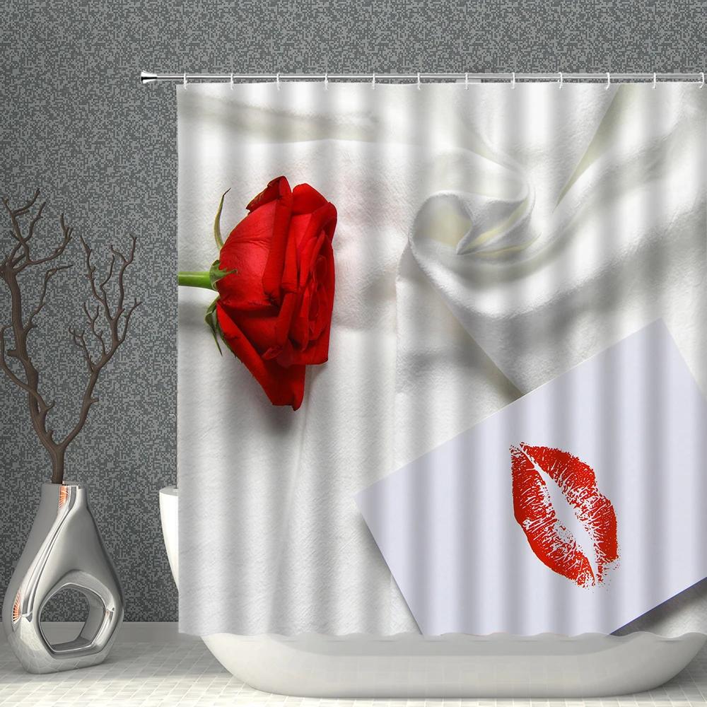 Rose Shower Curtain Set Romantic Valentine's Day Flower Waterproof Polyester Cloth Curtains Bathroom Home Decor With Hooks