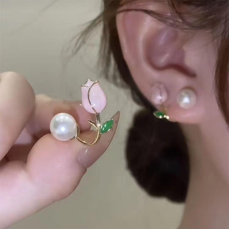 

Серьги-гвоздики с серебряной иглой, милые, свежие, розовые тюльпаны, пара супер-сказочных цветочных сережек для женщин 925 silver needle