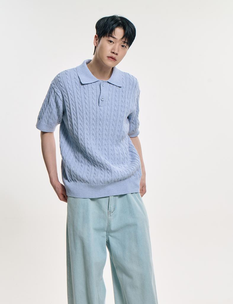 CLEVER FIELD Urban Cotton Cable Collar Knit_Sky Blue