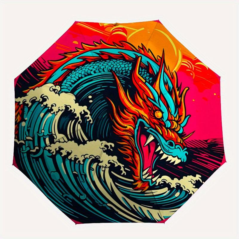 1pc Ocean Dragon Automatic Open/close Folding Compact Umbrella, 8 Rib Sturdy Canopy, Lightweight Portable, Everyday Use, Gift,,140