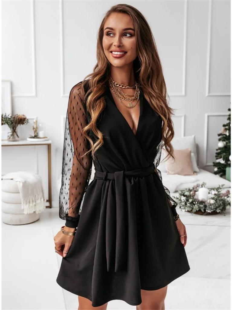 Sukienki damskie z dekoltem w serek, koronką i długim rękawem, sukienka z wysokim stanem i łączeniem, dziewczęce sukienki koktajlowe na wieczór