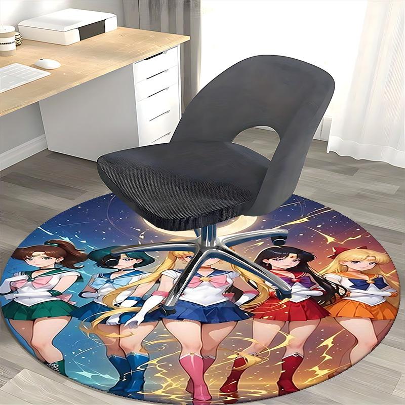 1pc Sailor Moon Anime Cartoon Design Round Carpet  Office Chair Mat, NonSlip Rug for Home Decor, Living Room