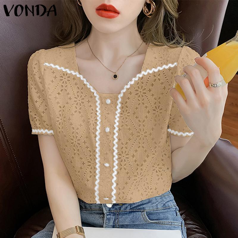 

VONDA женская летняя кружевная блузка с квадратным вырезом и короткими рукавами и пуговицами, прямая однотонная свободная блузка