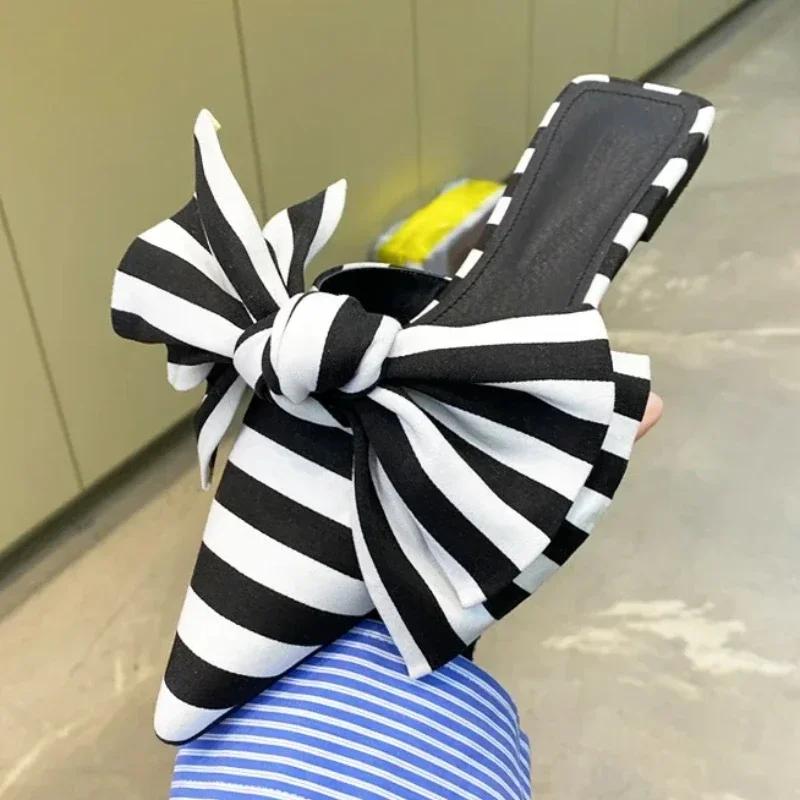 Módní oversize Boty s motýlkem Mule Ženy Módní Nazouvací sandály se špičatým pruhem Vlna Dámské Luxusní Saténové Hedvábné Outdoorové ploché pantofle