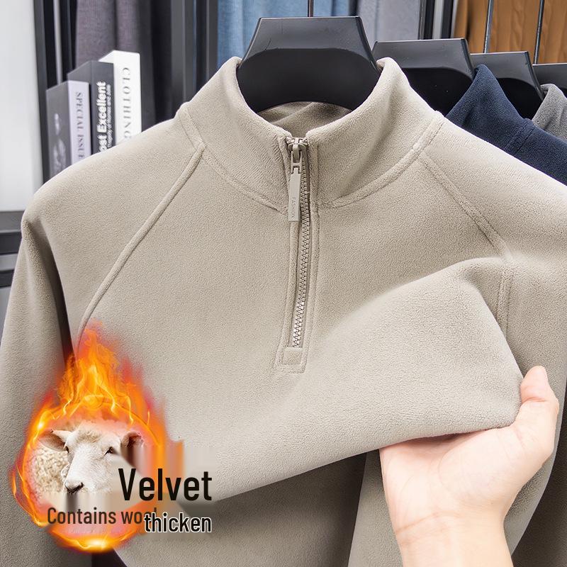Men s Winter Coral Fleece Half-Zip Sweatshirt: Thick, Warm, Double-Sided Casual Base Layer 3XL хаки