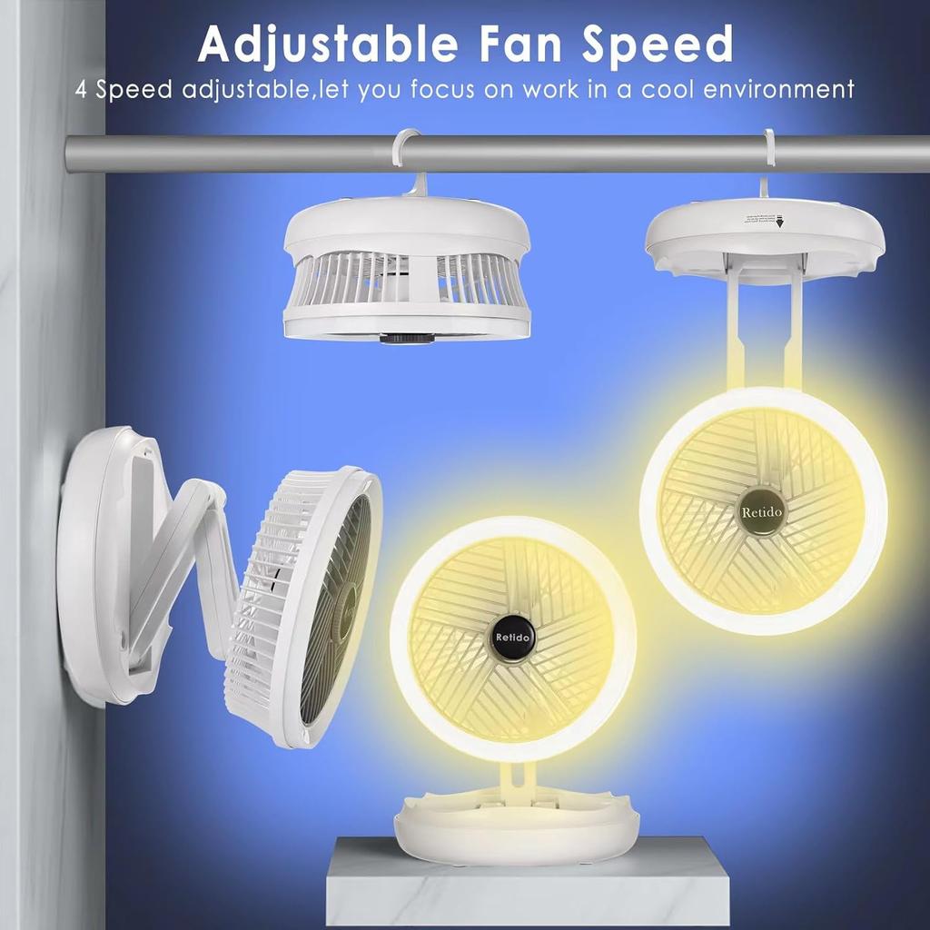 Rechargeable Portable Fan 7 inch USB Small Desk Fan Foldable with LED Light 4 Wind Speeds and Hook Quiet Personal Traveling Fan for Bedroom Office RV