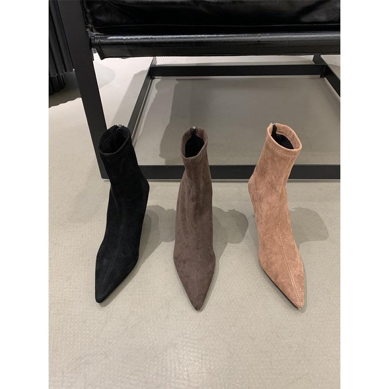 High Heel Pointed Suede Skinny Boots Small Short Boots Women'S Shoes Spring, Autumn And Winter Velvet Korean Small Ankle Boots