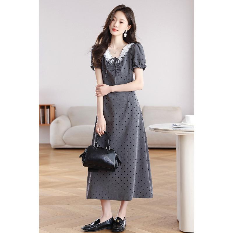 Summer Gray Dress for Women High Waist Breathable Pear Shaped Waist Design Polka Dot Dress Fashion
