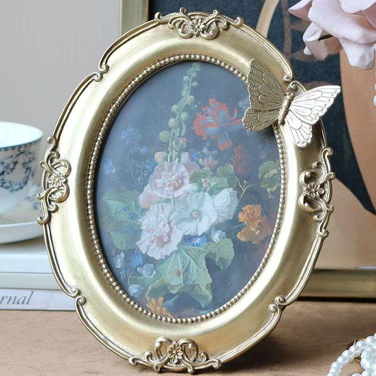 French Vintage Photo Frame 7 Inch, Elegant Luxury Oil Painting Style Butterfly Wall Mount & Tabletop Display for Home Decor Gift