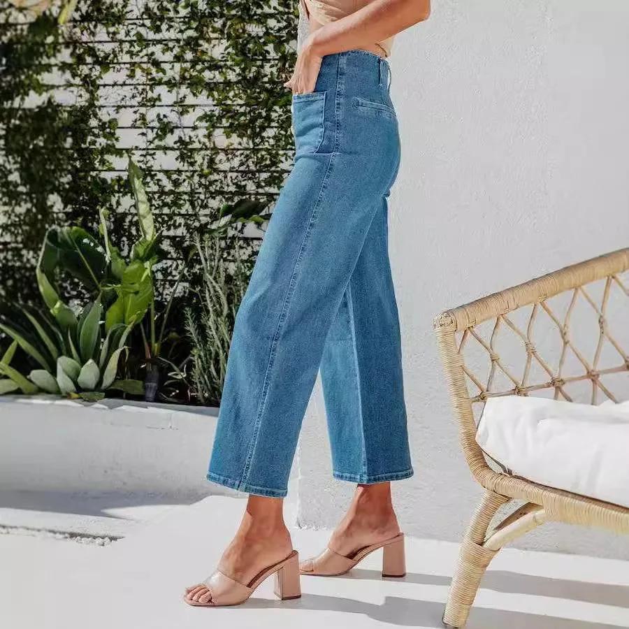 Retro Straight-leg Jeans, Elastic Slim-fit, Elegant Style, Cross-border Button Denim Trousers