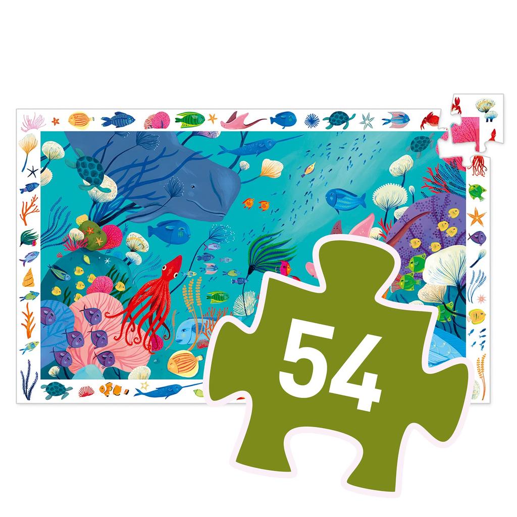 DJECO Aquatic Observation Puzzle, 54-Piece Jigsaw Puzzle for Kids, Fish and Sea Creatures, Hidden Objects, Picture Puzzle, Educational Toy,