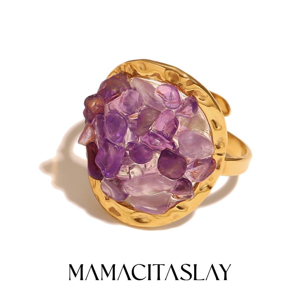 

MamacitaSlay Unique 18K Gold Plated Stainless Steel Natural Stone Opening Ring Waterproof Jewelry Women s Retro Elegant Jewelry 7