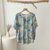 DIMANAF 2025 New Summer Women Linen T-Shirt Buttons Flower Short Sleeve Basic Fashion O-Neck Tops Tees Loose Tees