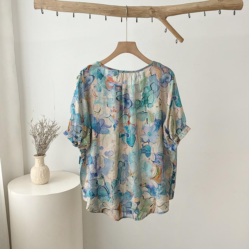 DIMANAF 2025 New Summer Women Linen T-Shirt Buttons Flower Short Sleeve Basic Fashion O-Neck Tops Tees Loose Tees