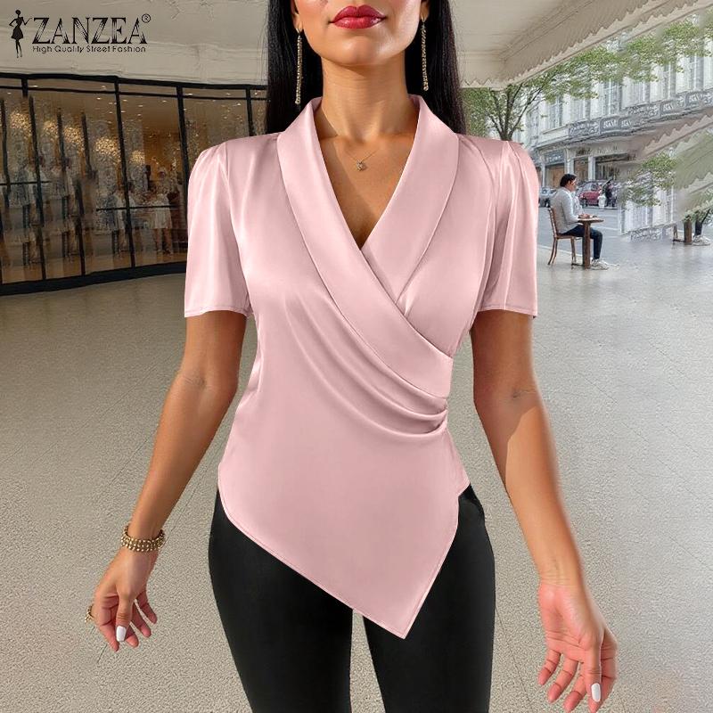 ZANZEA Bluză casual pentru femei, cu decolteu în V, subțire, cu tiv neregulat, mânecă scurtă