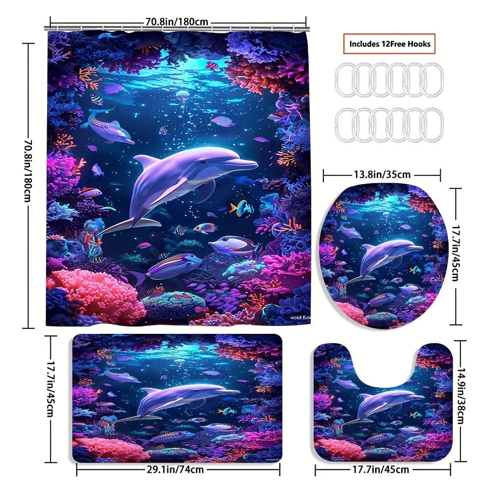 

Dolphin Ocean Theme Shower Curtain Set With Non-Slip Rugs, Toilet Lid Cover, Bath Mat - Water-Resistant Polyester Fabric With 12 W60H190(CM)-1 Pcs
