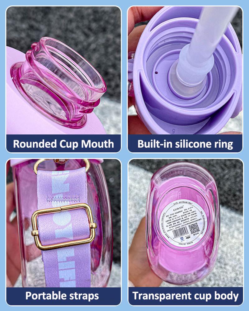 500ML Transparent Flat Water Bottle With Straw BPA Free Cute Summer Portable School Children Fall-proof Plastic Cups