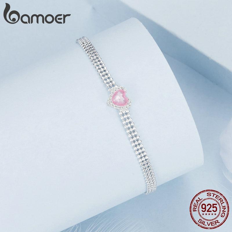 BAMOER Love Heart Bracelets for Women Girls 925 Sterling Silver with CZ, White Gold Plated Charm Link Chain Bracelet Jewelry